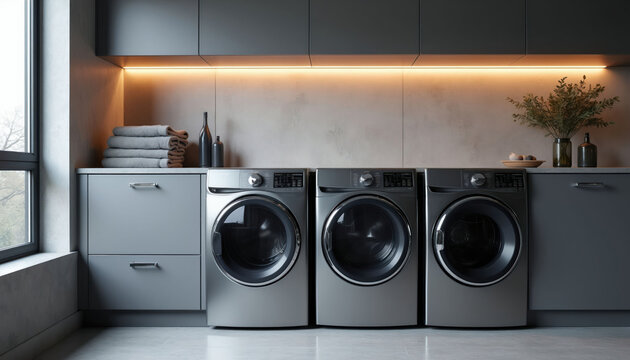 Modern laundry room with grey cabinets, three front load washers. Built-in smart appliances offer eco-friendly wash cycles. Integrated design elements provide clean contemporary home aesthetic.