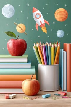 Colorful school classroom still life with pencils, books, apples and space-themed chalkboard art