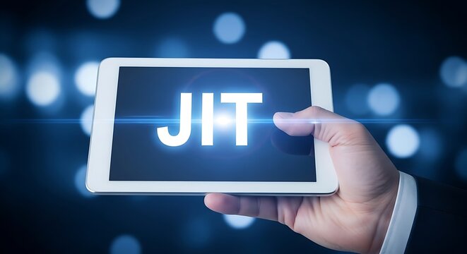 Just In Time JIT acronym glows on a handheld tablet with sharp focus and a cinematic blue bokeh background. Perfect for supply chain and lean manufacturing marketing.