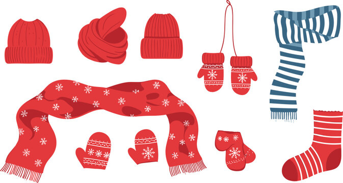 Winter Knitted Accessories Vector Set Featuring Red and Blue Striped Scarves Beanie Hats Mittens and Striped Socks with Snowflake Details