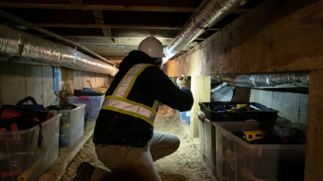 Male adult contractor inspecting a residential crawl space with a flashlight. Construction worker in a hard hat checking for damage on wooden joists and ductwork