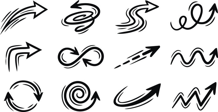 Collection of modern hand drawn arrow icons in black on white background