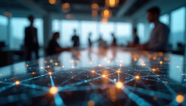 Abstract digital network design on table surface with blurred business team meeting in modern office. People interact in connected futuristic workplace. Data flow, AI, collaboration concept.