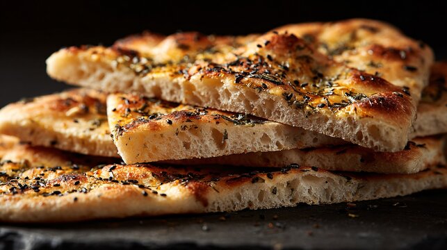 A macro close up showing the golden crust and soft interior of flatbread with herbs and sesame seeds visible against a dark background