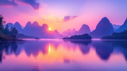 Fototapeta premium Sunrise over serene mountains reflecting on still water