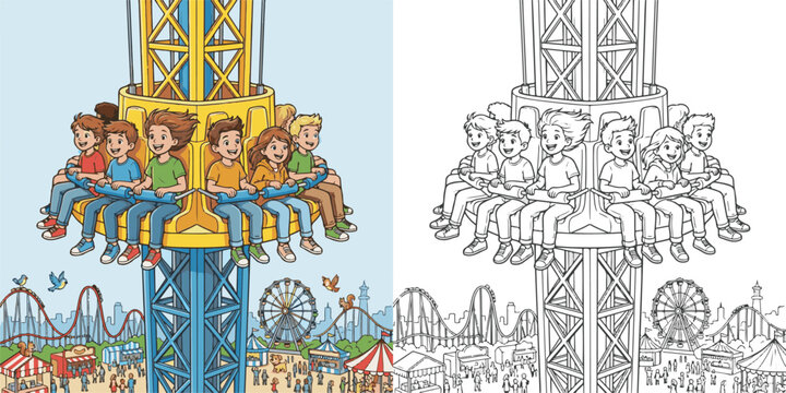 children visiting amusement park drop tower enjoying rides cartoon clipart and lineart print vector illustration for color coloring book