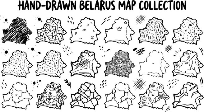 Hand-Drawn Black and White Line Art Belarus Map Collection: Diverse Outline Styles for Geography, Travel  Education