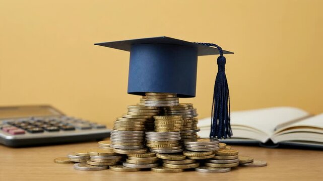 Graduation cap on a stack of coins symbolizing the cost of education. Student loan debt and tuition fee concept with a calculator for financial planning