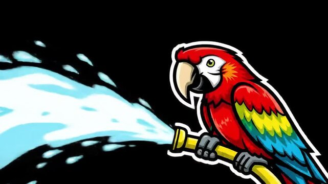 Colorful macaw parrot illustration sitting on a branch against a solid red background
