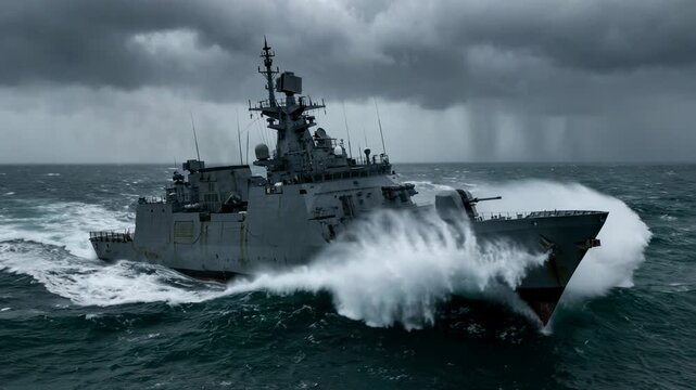 Military warship navigating a dramatic ocean storm. A naval frigate battles large waves under dark stormy clouds on a maritime mission