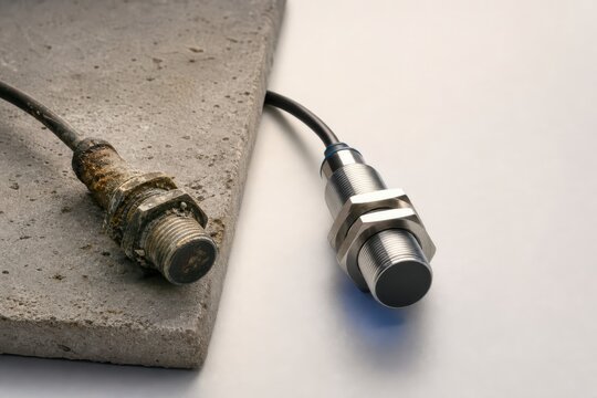 Industrial proximity sensor and cable next to a concrete block on a clean studio background