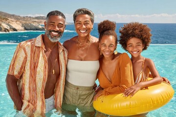 Obraz premium Multigenerational African American family smiling together in a pool on a sunny ocean vacation