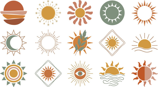 Boho Sun Symbol Collection Featuring Abstract Celestial Sunrise Icons Minimal Retro Solar Shapes and Aesthetic Nature Vector Designs