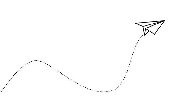 Paper airplane flying animation with dotted line path, creative travel concept, minimalist route to destination, smooth motion graphic for business journey, freedom, startup and exploration