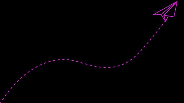 Paper airplane animation video showing curved route to destination, dotted line travel motion symbolizing creativity, progress, freedom, innovation and business success journey