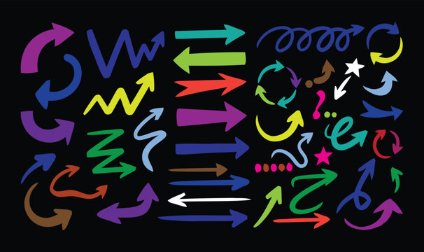 Collection of colorful arrows on black background for design and direction