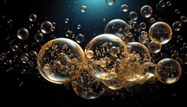 Abstract golden bubbles floating in dark space, creating a mesmerizing visual effect.