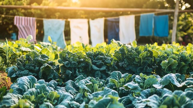 Vibrant Green Cabbage Patch with Laundry Clothesline in Background at Sunset