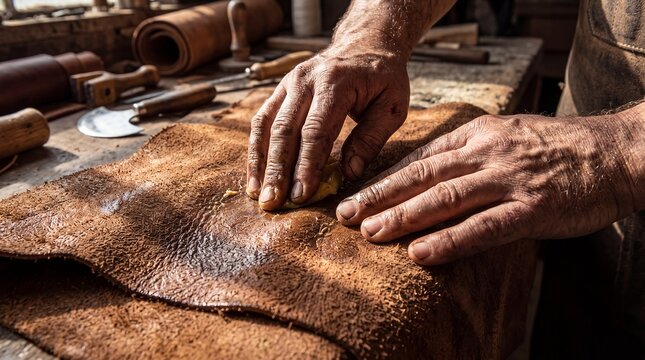 Close up of artisan hands rubbing oil into leather