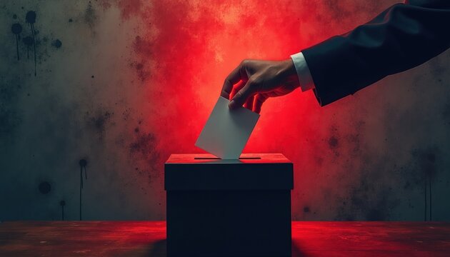 Person casts ballot into box with red glow backdrop. Symbolizes election fraud manipulation or influence in political process. Represents threats to democracy and voting integrity.