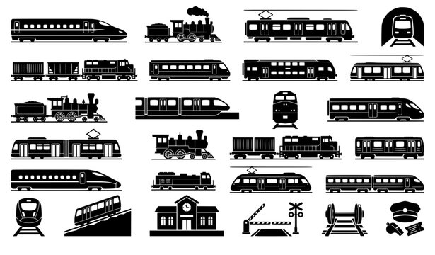 Black silhouette collection of various train types railway infrastructure and station elements