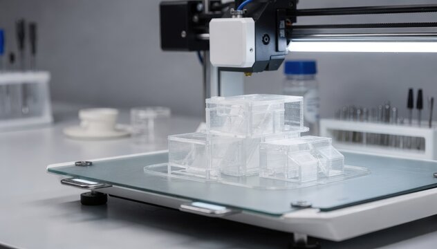 Medium shot capturing transparent test parts emerging from a 3D printer highlighting clarity and precision in prototype development.