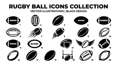 Rugby ball icon set vector illustrations for sports graphics team logos and athletic branding designs