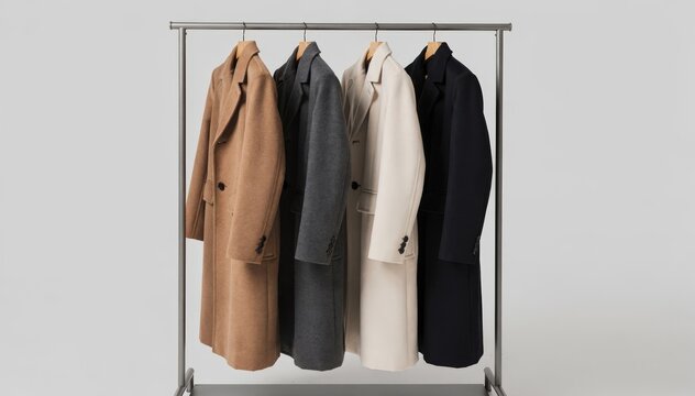 Reversible outerwear garments rack showcasing elegant dual solid color coats emphasizing minimalist fashion with clean lines and practical design.