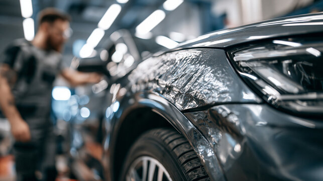 Detalle en primer plano de la carrocer&iacute;a de un coche gravemente da&ntilde;ado tras una colisi&oacute;n, con un mec&aacute;nico de autom&oacute;viles trabajando desenfocado en el fondo de un taller mec&aacute;nico