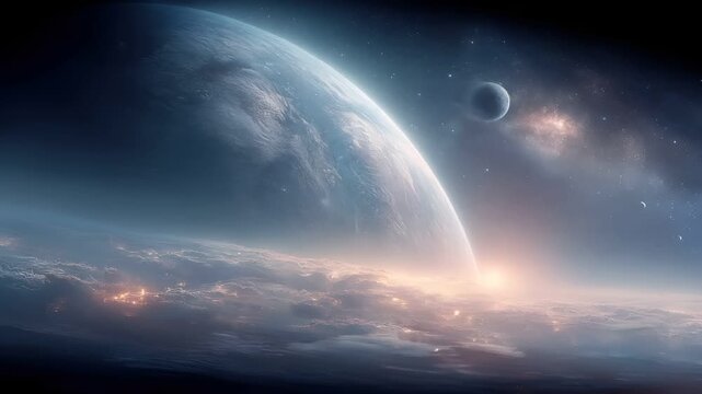 Space universe exploration, fantasy, mysterious. A vivid depiction of a celestial scene. A large, icy planet with a smooth, icy surface is the main subject.