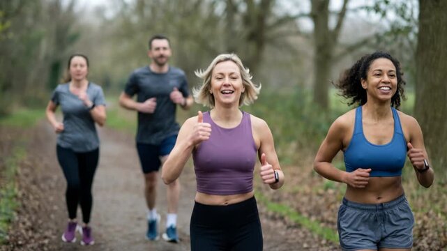 Happy caucasian and black adult women running with friends in a park. A diverse group enjoying a healthy lifestyle and fitness training. Composite sequence showing a jogging workout