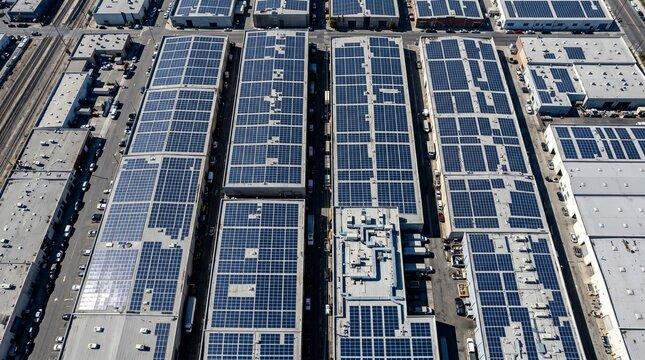 Aerial View of Industrial Warehouse District with Solar Panel Rooftops for Sustainable Renewable Energy Generation