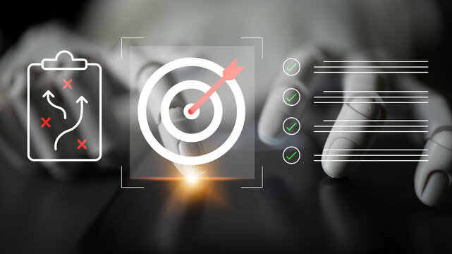 Visual representation of strategic planning process emphasizing decision making, target setting, and action evaluation in a professional business environment. Cyphers