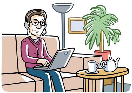 Man with headset and laptop working from home