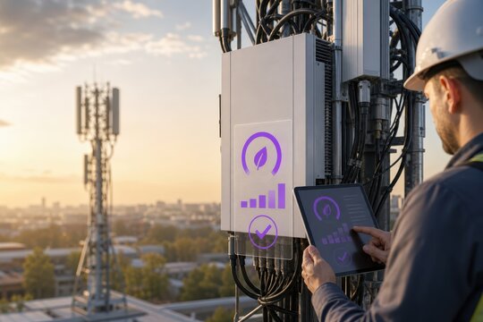 Technician using tablet to monitor telecom tower equipment with digital analytics at sunset