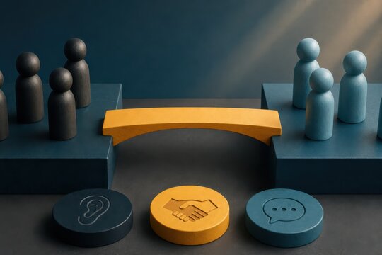 Abstract teamwork concept with bridge and icons representing communication trust and collaboration between groups