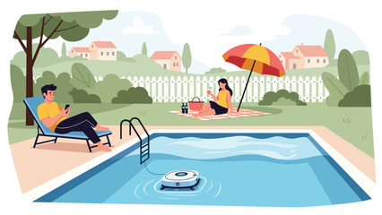 Obraz premium People enjoying a relaxing day by a backyard swimming pool while a robotic pool cleaner works to keep the water clear.