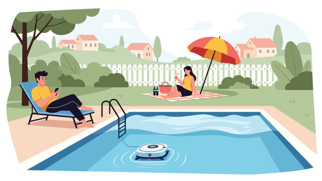 People enjoying a relaxing day by a backyard swimming pool while a robotic pool cleaner works to keep the water clear.