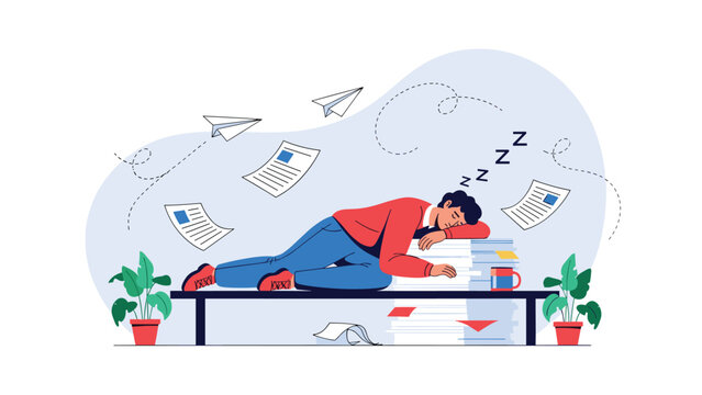 Overworked man sleeping soundly on top of a large stack of documents and paperwork at his desk under paper airplanes.