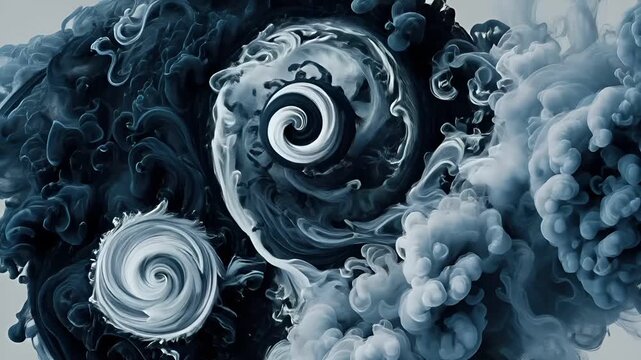 Yin Yang, Chinese philosophy, harmony, balance, Taoism. A digital artwork depicts a swirling vortex of black and white smoke. The swirling vortex is composed of intricate patterns and swirls.