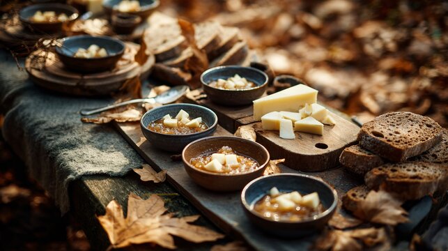 A cozy autumn picnic setup featuring apple chutney in small bowls alongside bread and cheese on a wooden table, surrounded by fallen leaves