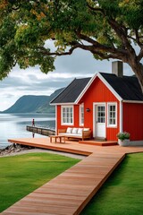 Obraz premium Red cabin by the lake with wooden deck, dock and mountain view in a serene coastal setting