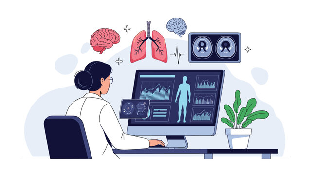Female doctor in a white lab coat reviews complex medical data and organ illustrations on a large computer monitor in her office.