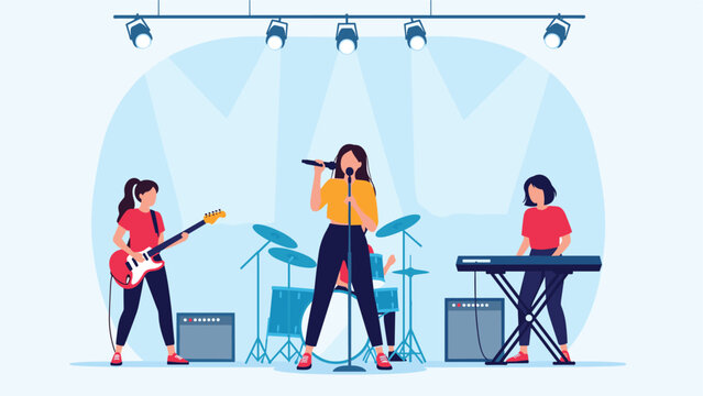 All-female rock band performs live on a stage under bright spotlights, featuring a singer, guitarist, and keyboard player.