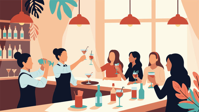 Group of female friends sitting at a bar counter and enjoying cocktails served by professional bartenders in a stylish modern restaurant lounge.