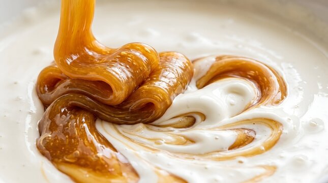 Thick golden caramel sauce pouring and swirling into a rich white cream base for baking delicious desserts
