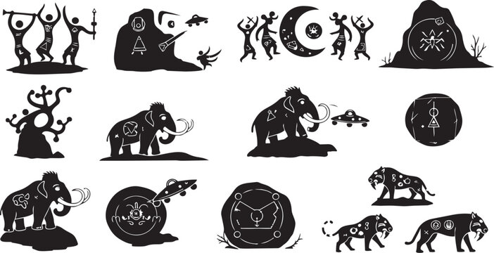 Black Silhouette Set of Prehistoric Animals and Tribal Hunting Scenes