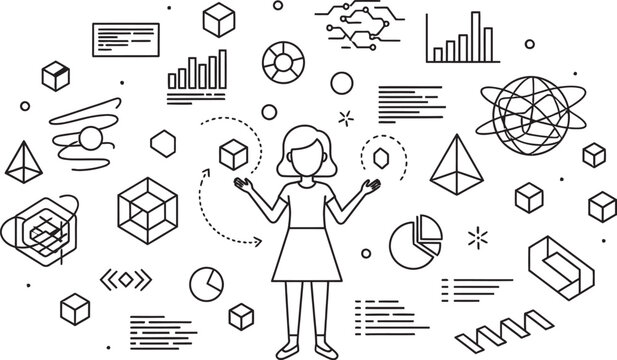 Woman juggling multiple business and data icons symbolizing multitasking and strategy project management juggling business strategy multitasking organization