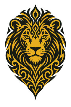 Majestic Male Lion Face Portrait Covered in Intricate Symmetrical Mandala Ornament and Tribal Filigree Patterns Traditional Folk Art Bohemian Style Graphic Design Poster Template
