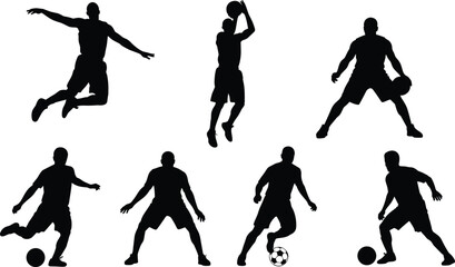 Sports Silhouettes Collection Featuring Basketball and Soccer Players in Action Jump Shot Dribble Kick and Dynamic Athletic Poses Illustration © MstRozina